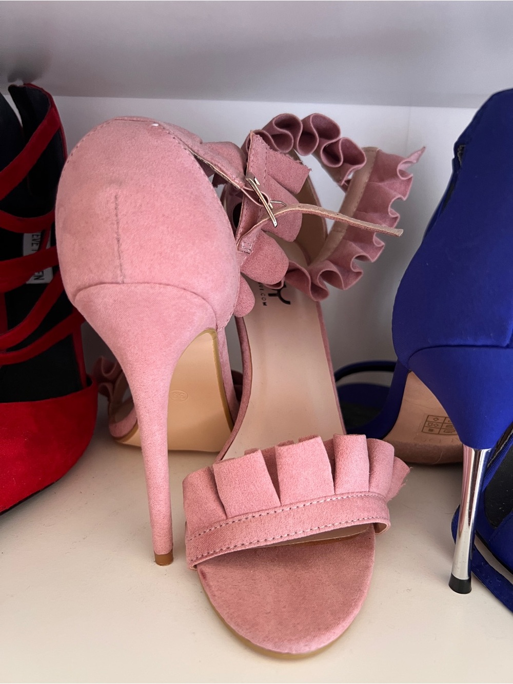 Pink Ruffle Suede High Heel Sandals